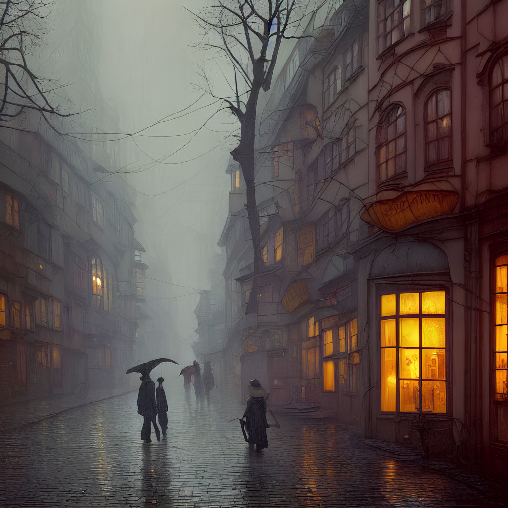 Misty cobblestone street with old buildings and silhouetted figures carrying umbrellas