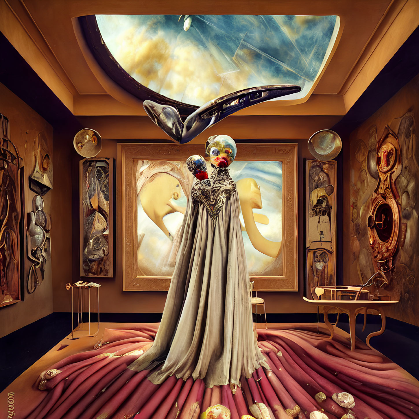 Abstract paintings and distorted mirrors in surreal art gallery