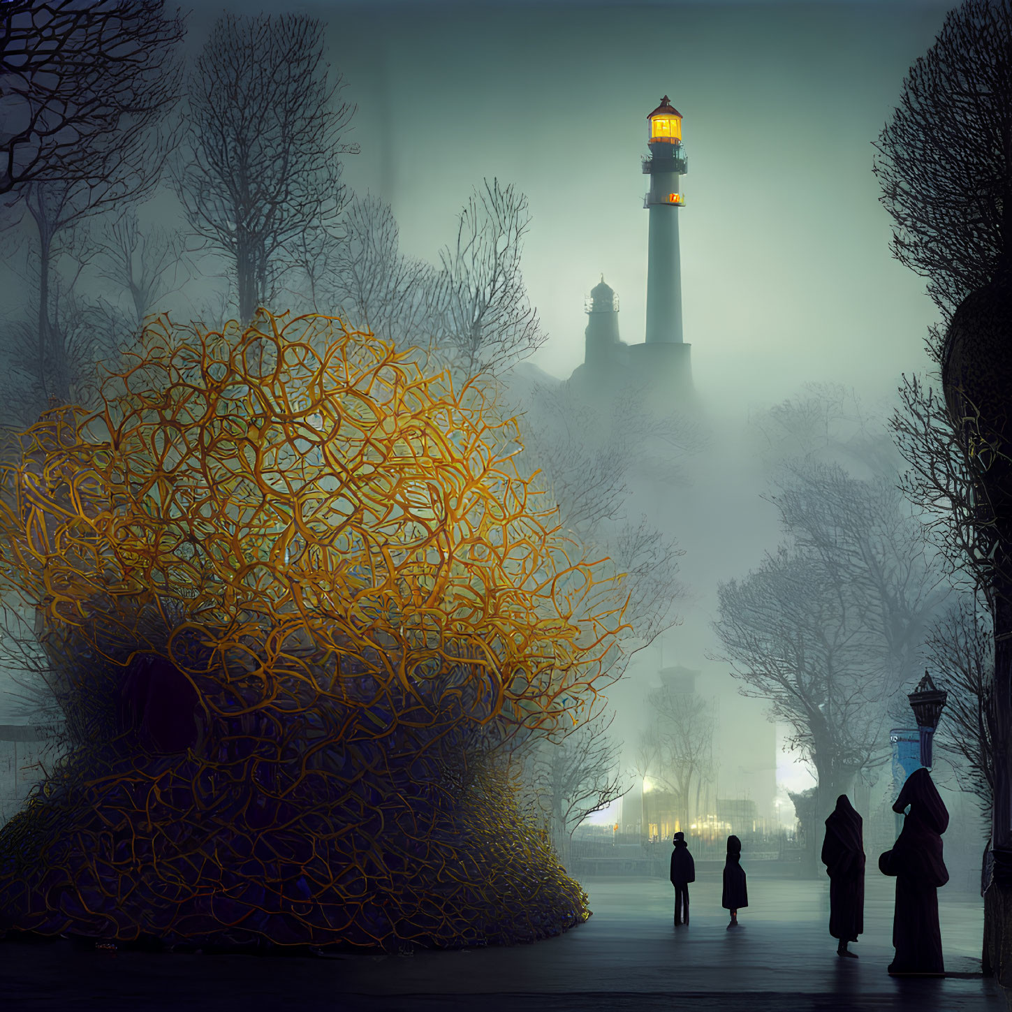 Misty scene with yellow sculpture, glowing lighthouse, and silhouetted figures.