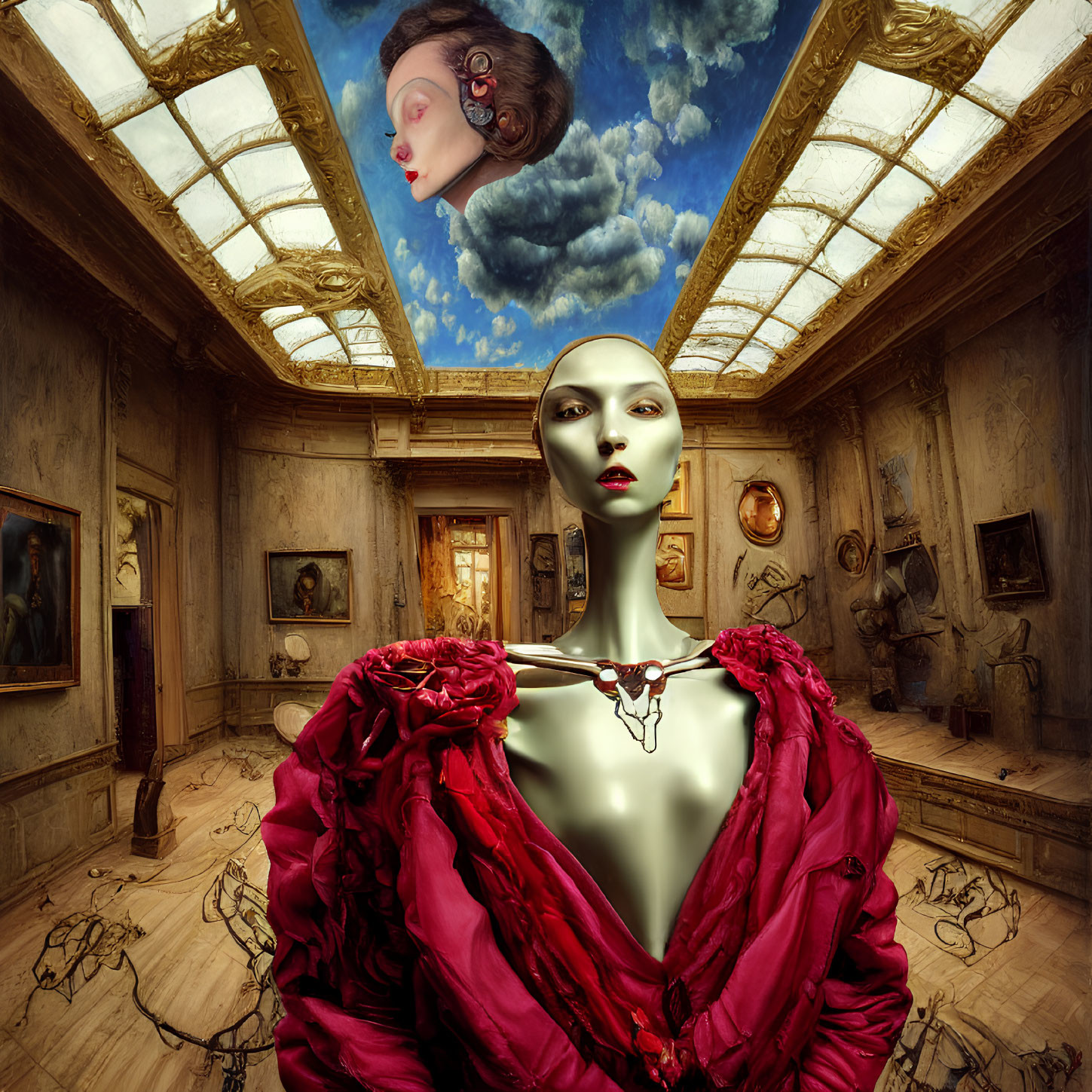 Surreal portrait of floating female figure in red gown in classical room