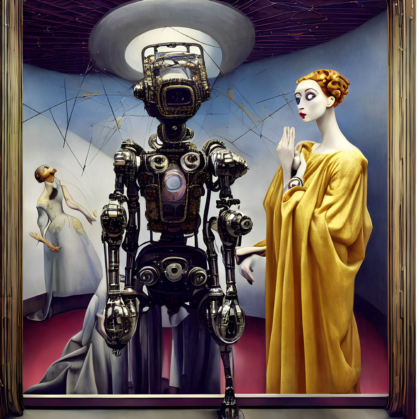 Vintage robot and mannequins in surreal display against vibrant backdrop