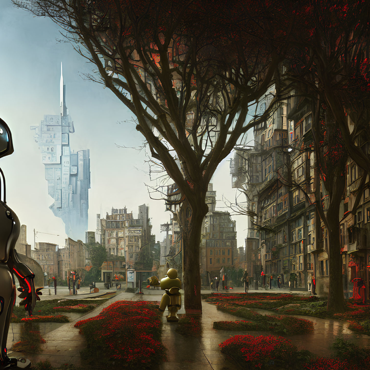 Futuristic cityscape with skyscraper, red trees, pedestrians, and golden robot