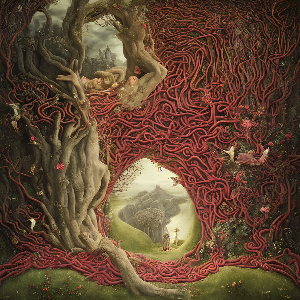 Fantastical painting of intertwined trees forming a portal with vivid red veins