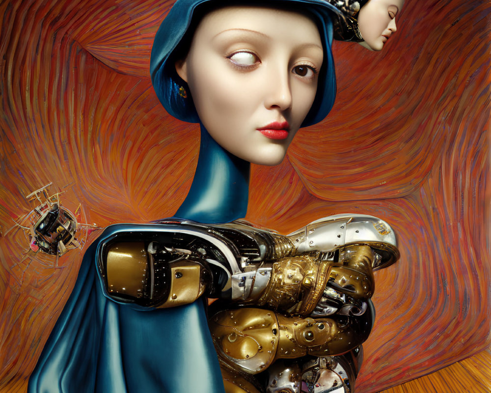 Surrealist artwork: female figure with robotic arm in blue attire against warm-toned abstract backdrop