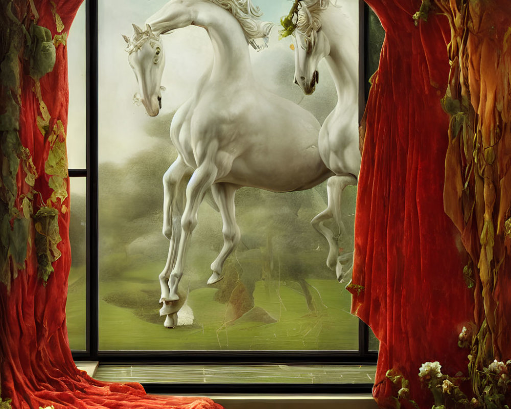 Majestic white unicorns in front of red velvet curtains