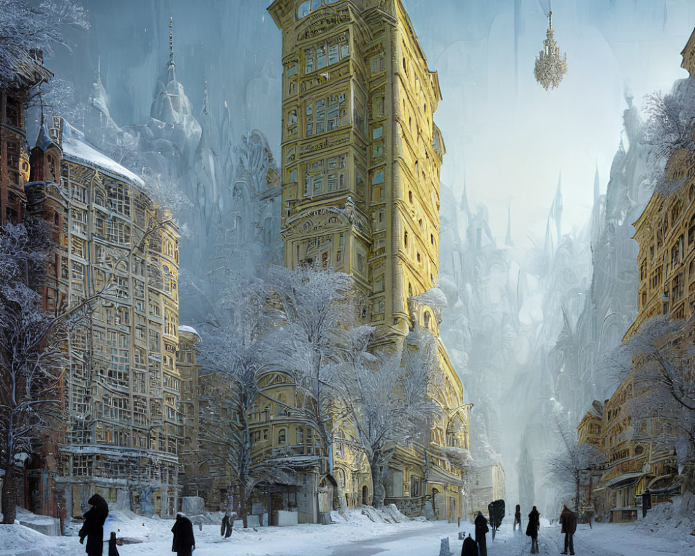 Winter scene: Snowy street, people walking, ornate buildings, frozen sky, chandelier above