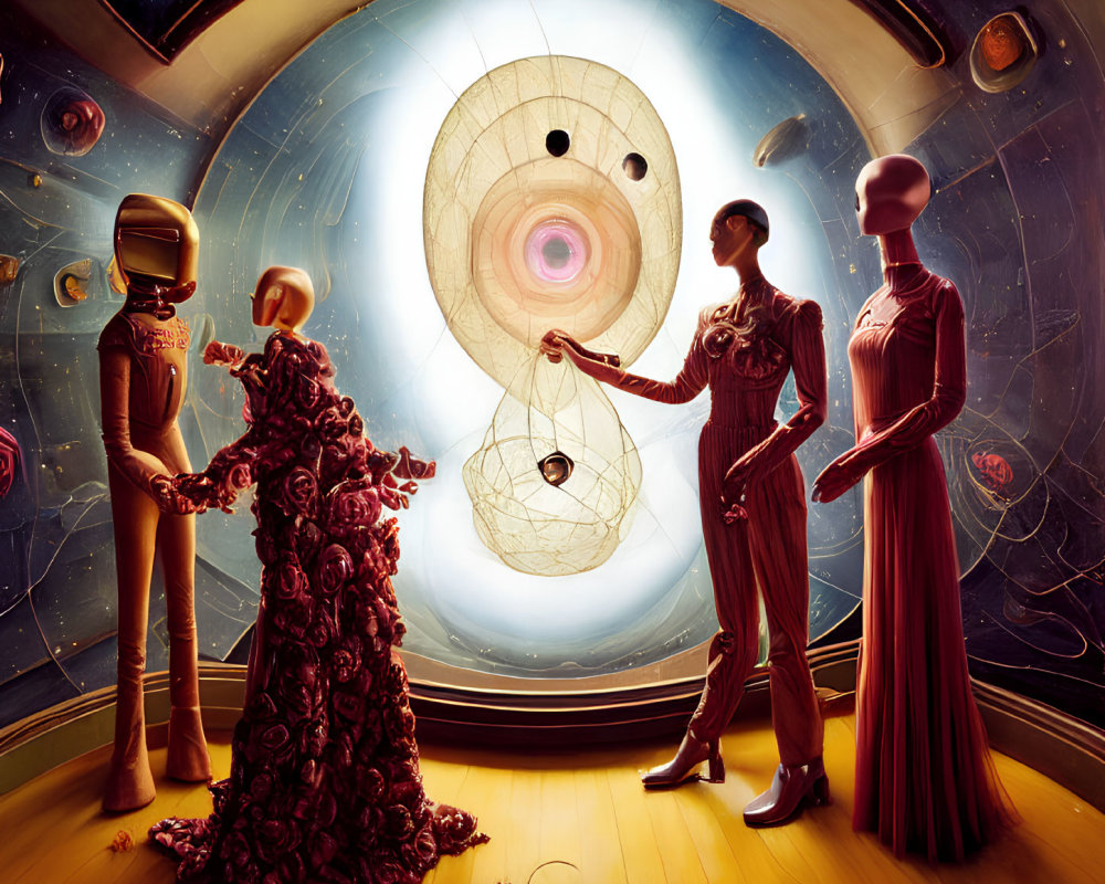 Surreal artwork: Human figures in ornate attire, robotic heads, cosmic window view, holding
