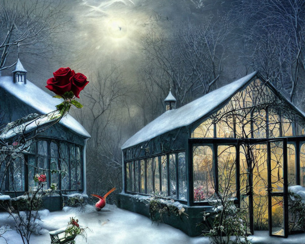 Snowy Scene with Greenhouses, Giant Red Rose, and Moonlit Sky