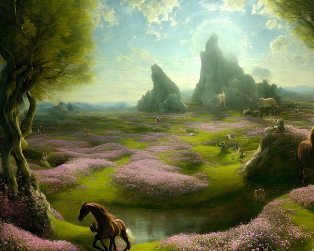 Tranquil landscape with horses grazing in lush meadow