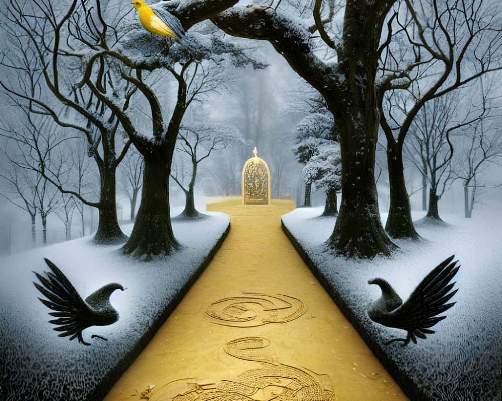 Mystical winter landscape with yellow brick road and golden gate