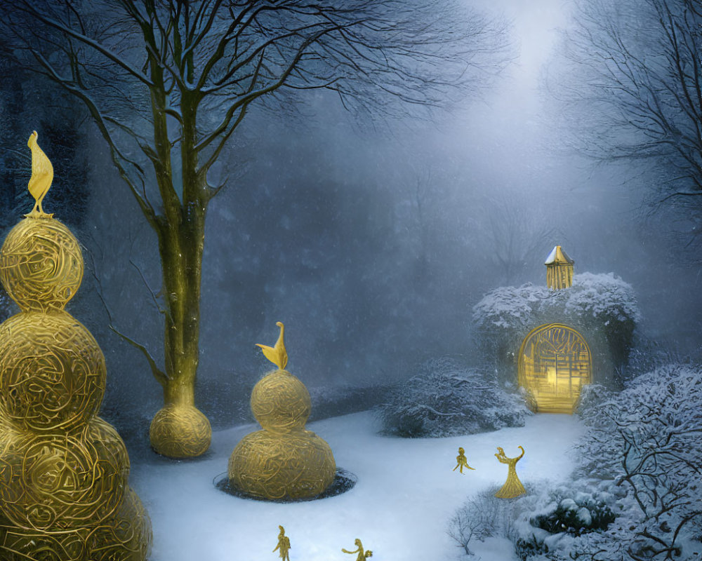 Mystical winter scene with golden orbs, moonlit sky, glowing gate, and snowy vegetation