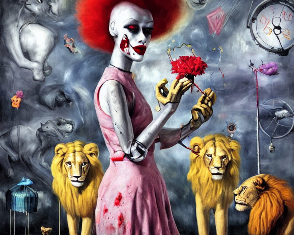 Surreal red-haired clown with lions, floating objects, and eerie figures