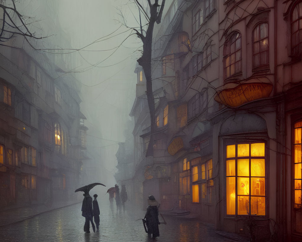 Misty cobblestone street with old buildings and silhouetted figures carrying umbrellas