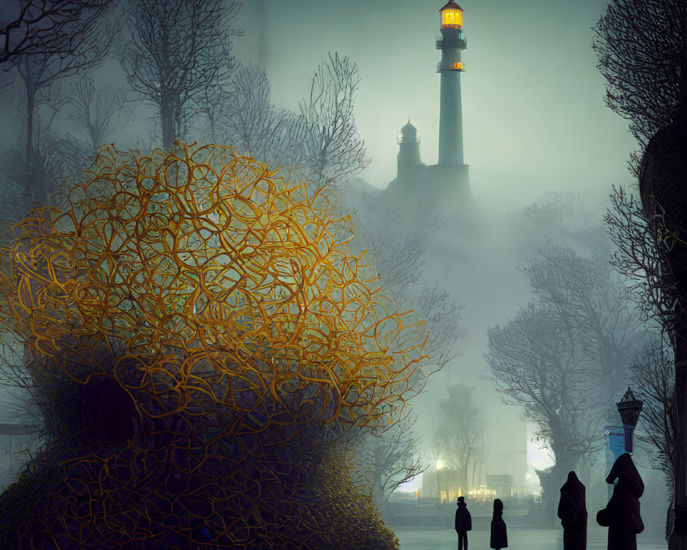 Misty scene with yellow sculpture, glowing lighthouse, and silhouetted figures.