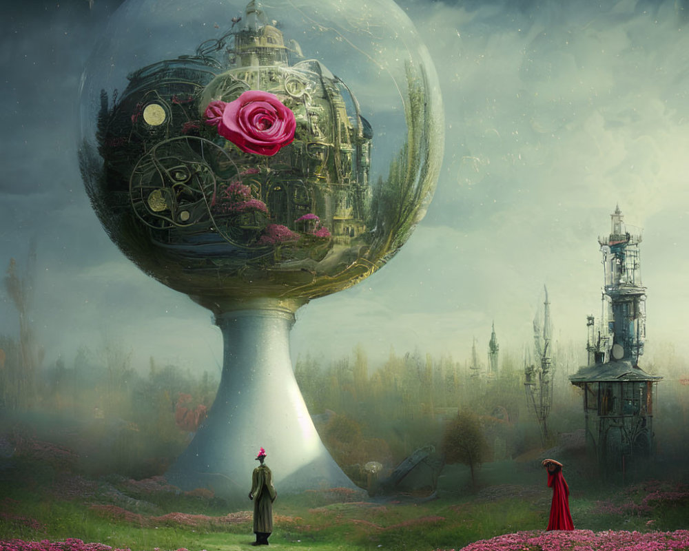 Surreal glass orb with city, rose, figures in flower field