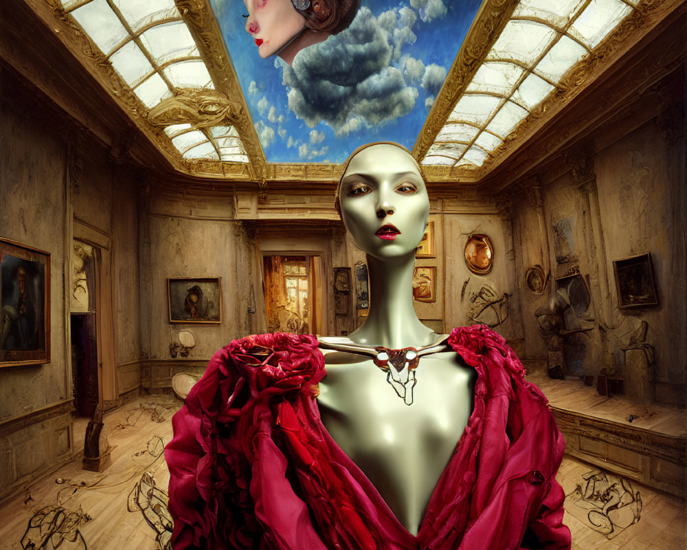 Surreal portrait of floating female figure in red gown in classical room
