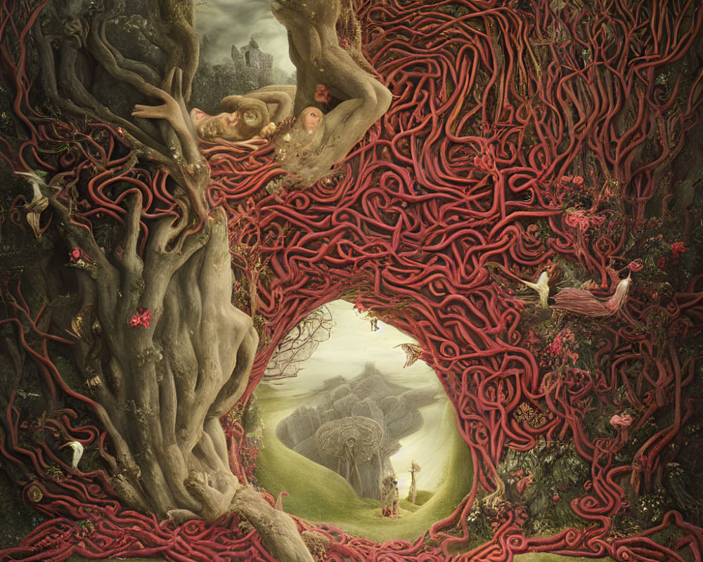 Fantastical painting of intertwined trees forming a portal with vivid red veins