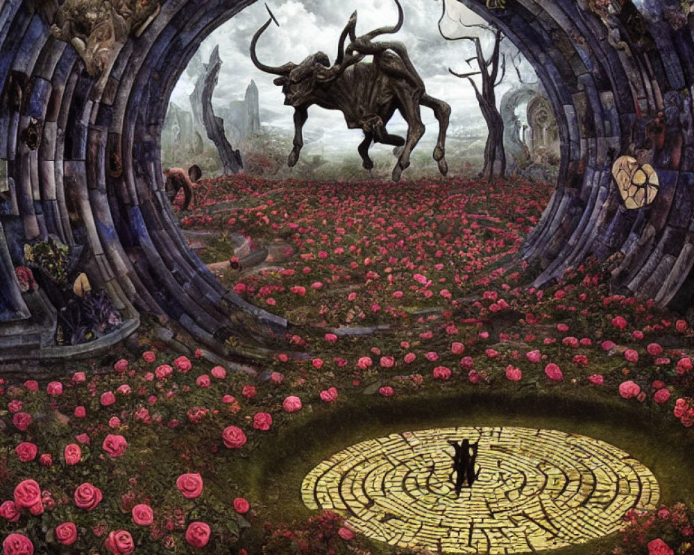 Ethereal rose-covered landscape with Minotaur sculpture and mysterious figures