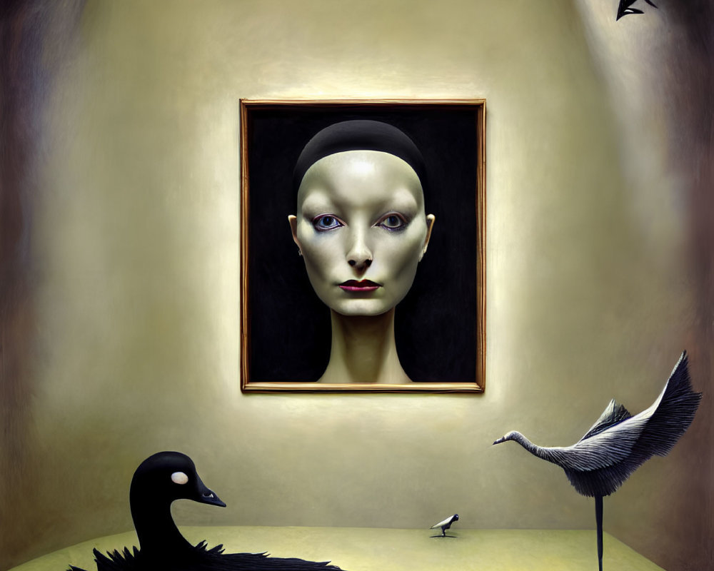 Surreal artwork with bald female face, black swan, crane, and birds on yellow backdrop