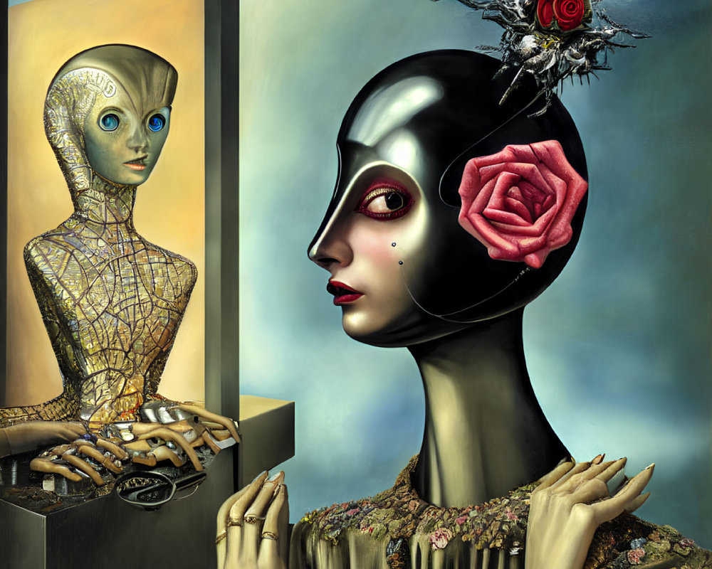 Surreal artwork featuring humanoid figures with cracked golden and smooth black surfaces, adorned with roses, under