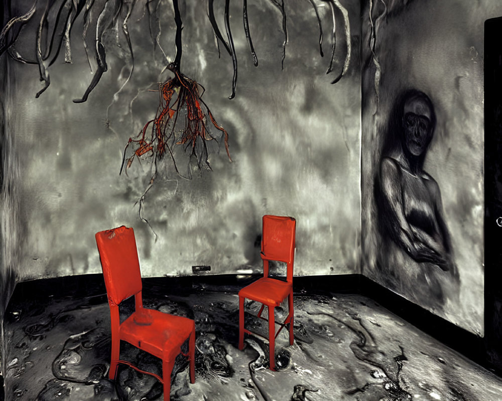 Dark Room with Red Chairs, Black Tendrils, and Creepy Sketch