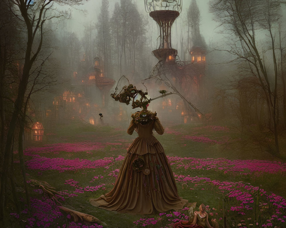 Enchanting forest with woman in elaborate gown among pink flowers