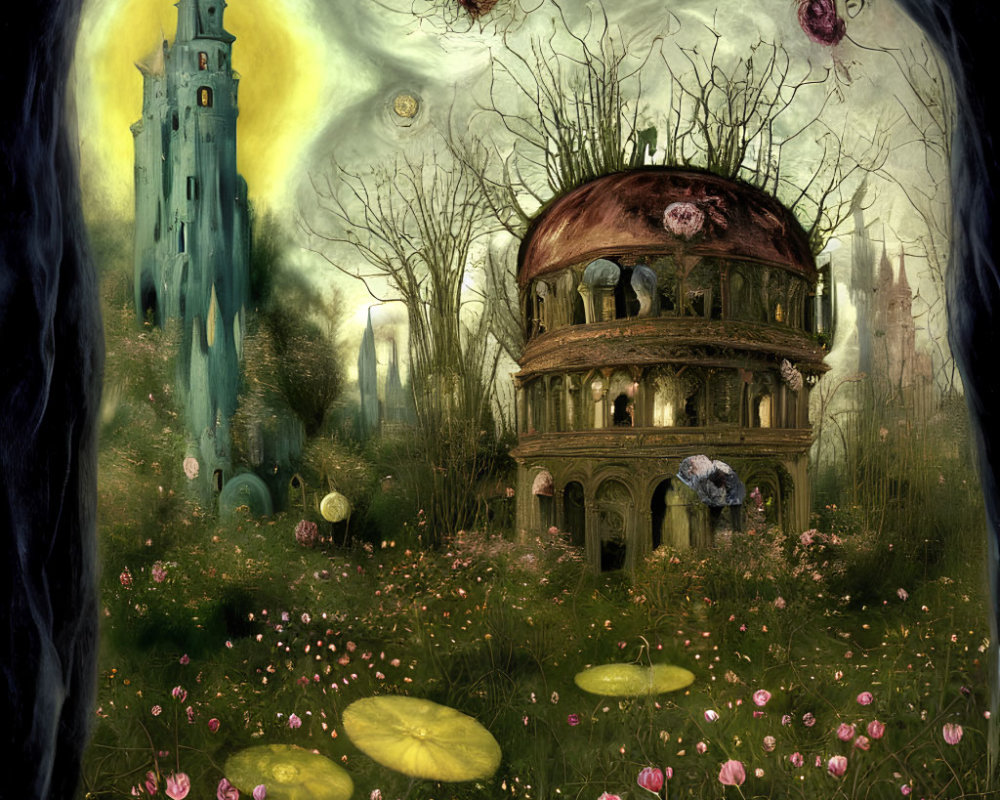 Ethereal fantasy landscape with blue castle and glowing orbs