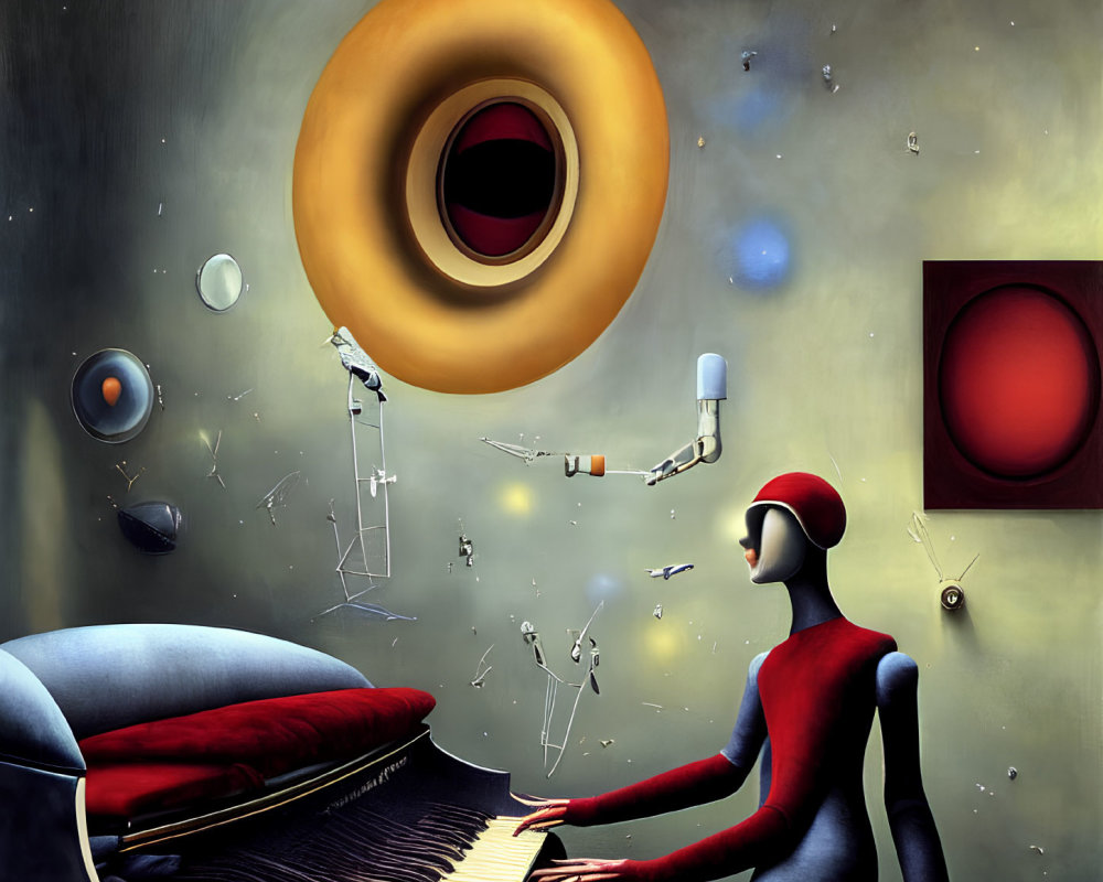 Surreal humanoid figure playing piano with floating eyes