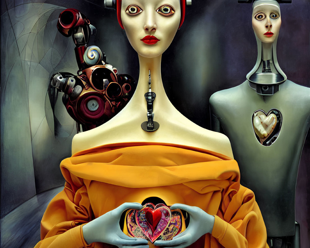 Surreal Artwork: Two humanoid figures with stylized features and a mechanical heart in abstract setting