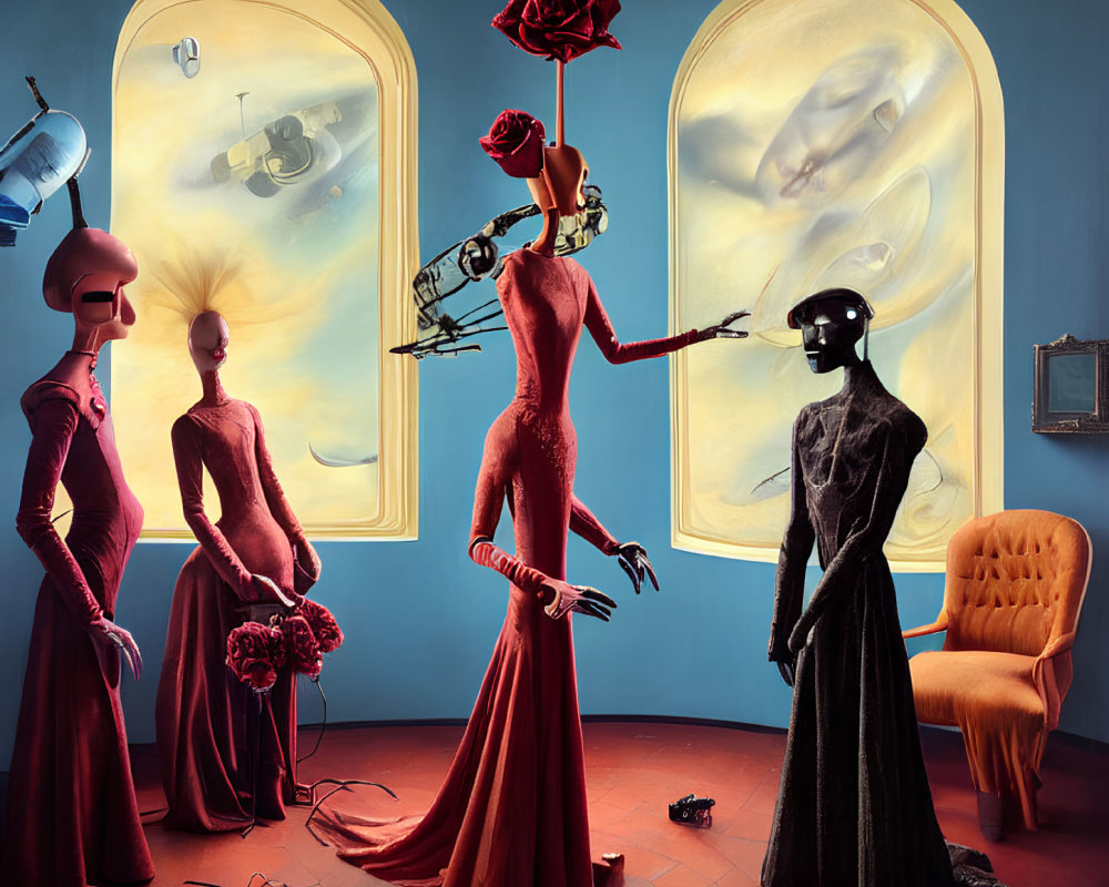 Surreal room with mannequins in elegant dresses and unique features near abstract window shapes.