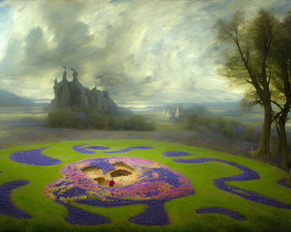 Vibrant floral patterns in fantastical landscape with woman reading, castle, and swirling sky