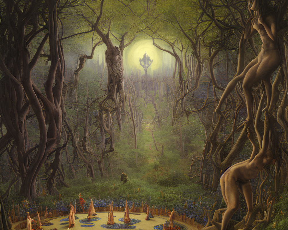 Mystical forest gathering around central fire among ancient trees