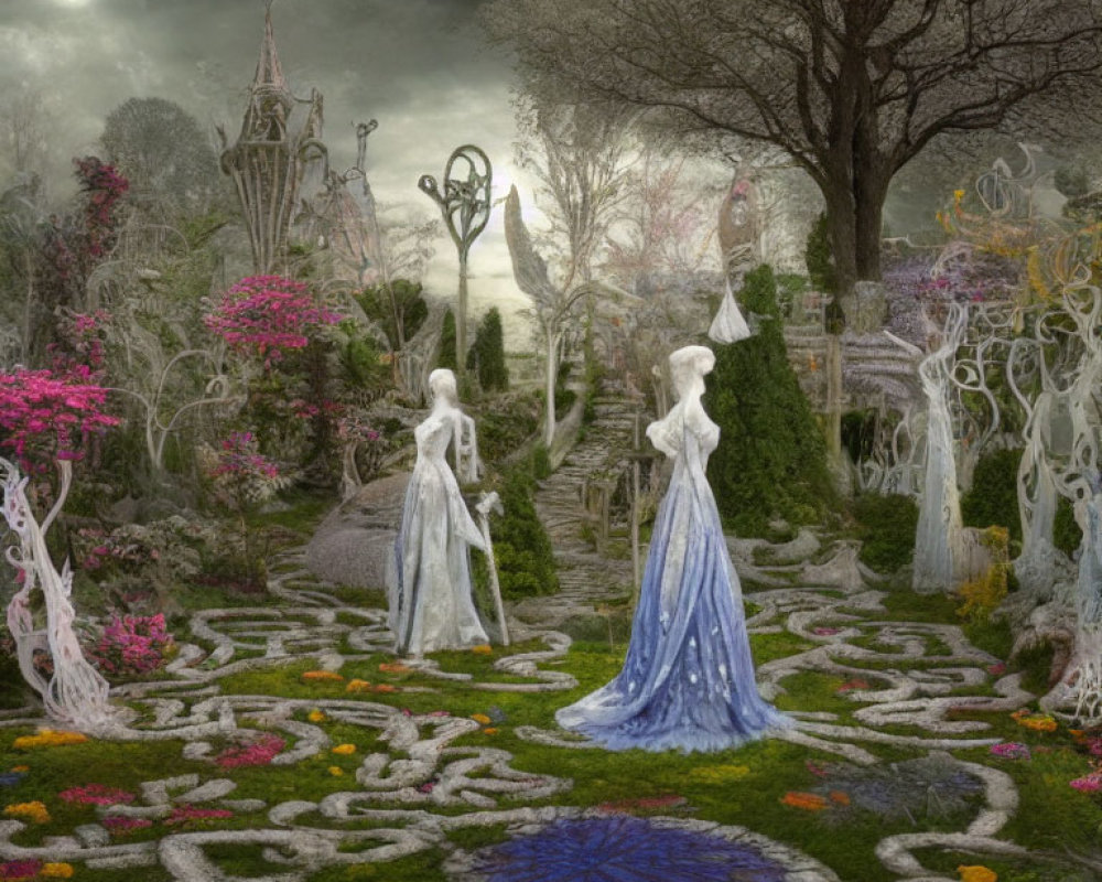 Whimsical garden with ethereal figures and vibrant floral patterns