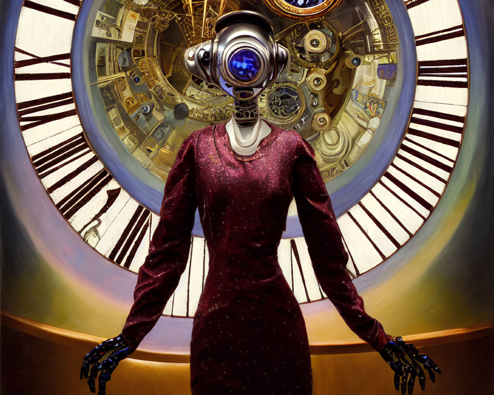 Camera-Headed Figure in Burgundy Dress with Clockwork Background