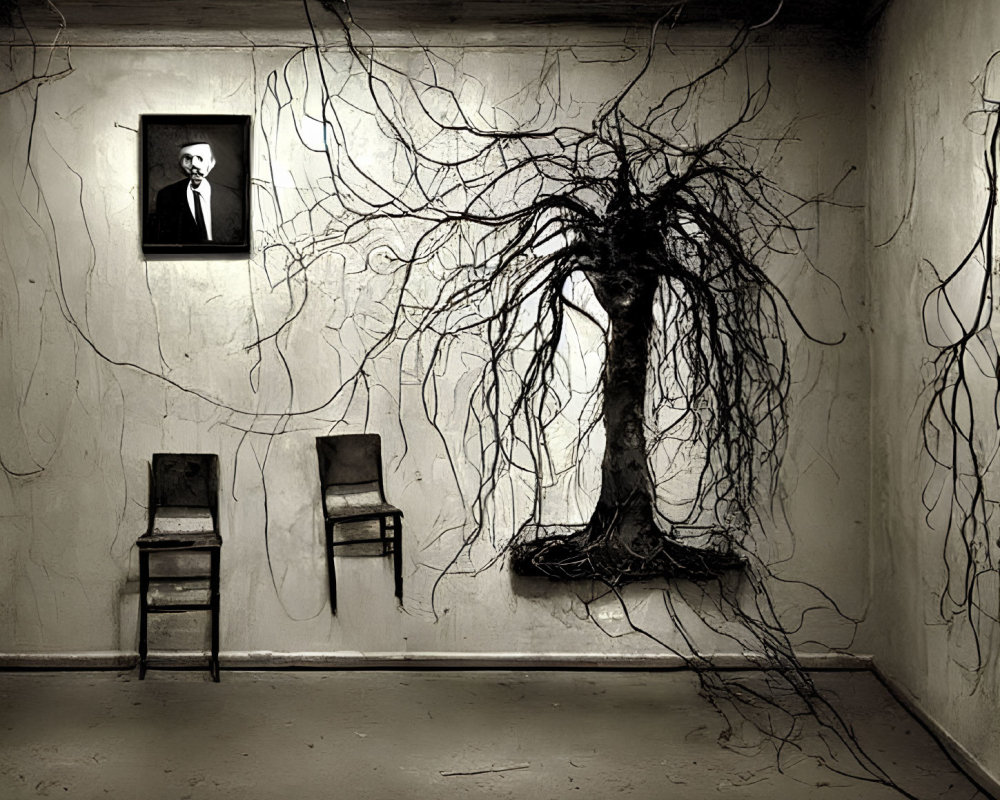 Dimly lit room with root-like patterns, chairs, column, and framed portrait