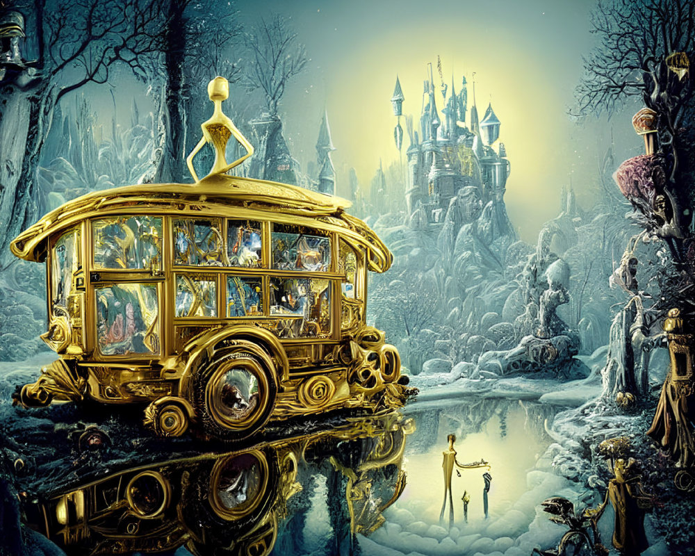 Ornate golden bus reflected in icy landscape with castle and fantastical creatures