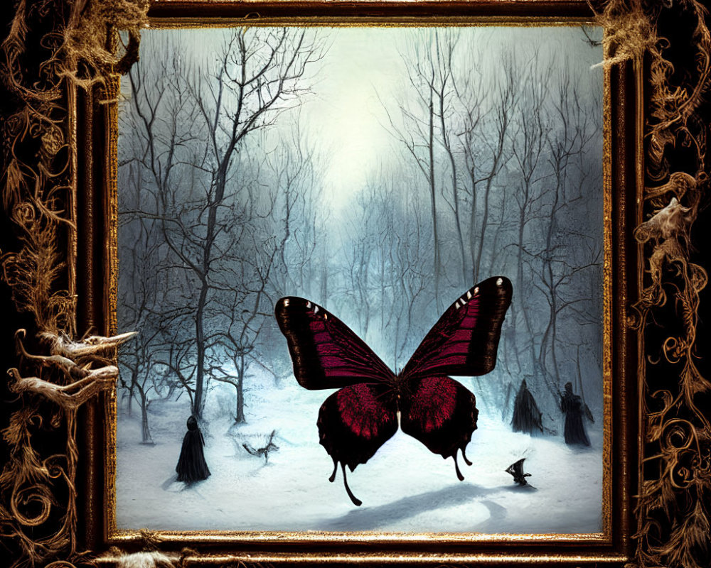 Large Vibrant Butterfly Artwork in Snowy Forest Scene with Baroque Frame