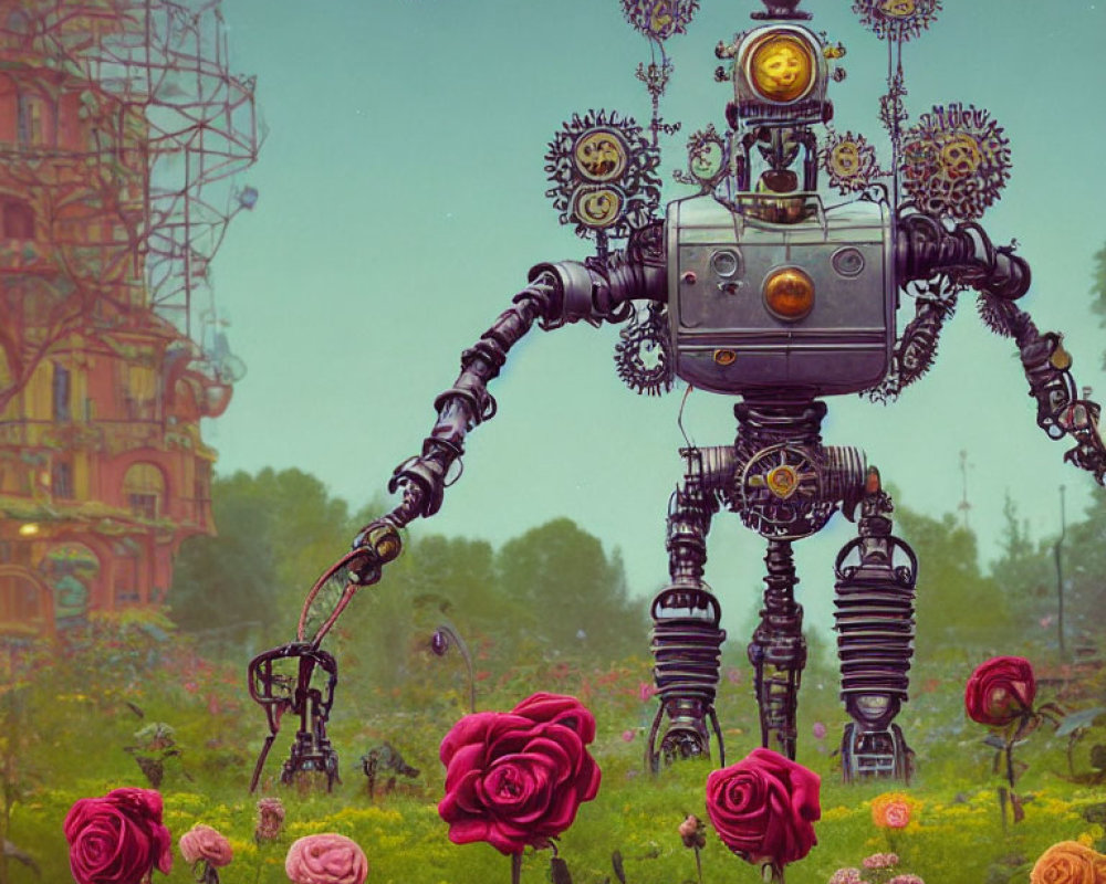 Steampunk robot with lightbulb head in colorful garden scene