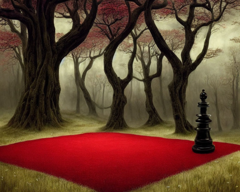 Twisted red-leaf trees, fog, giant chess pawn in surreal landscape