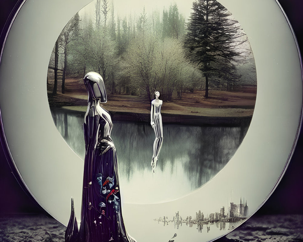 Reflective figure in floral robe gazes at mirror in surreal landscape.