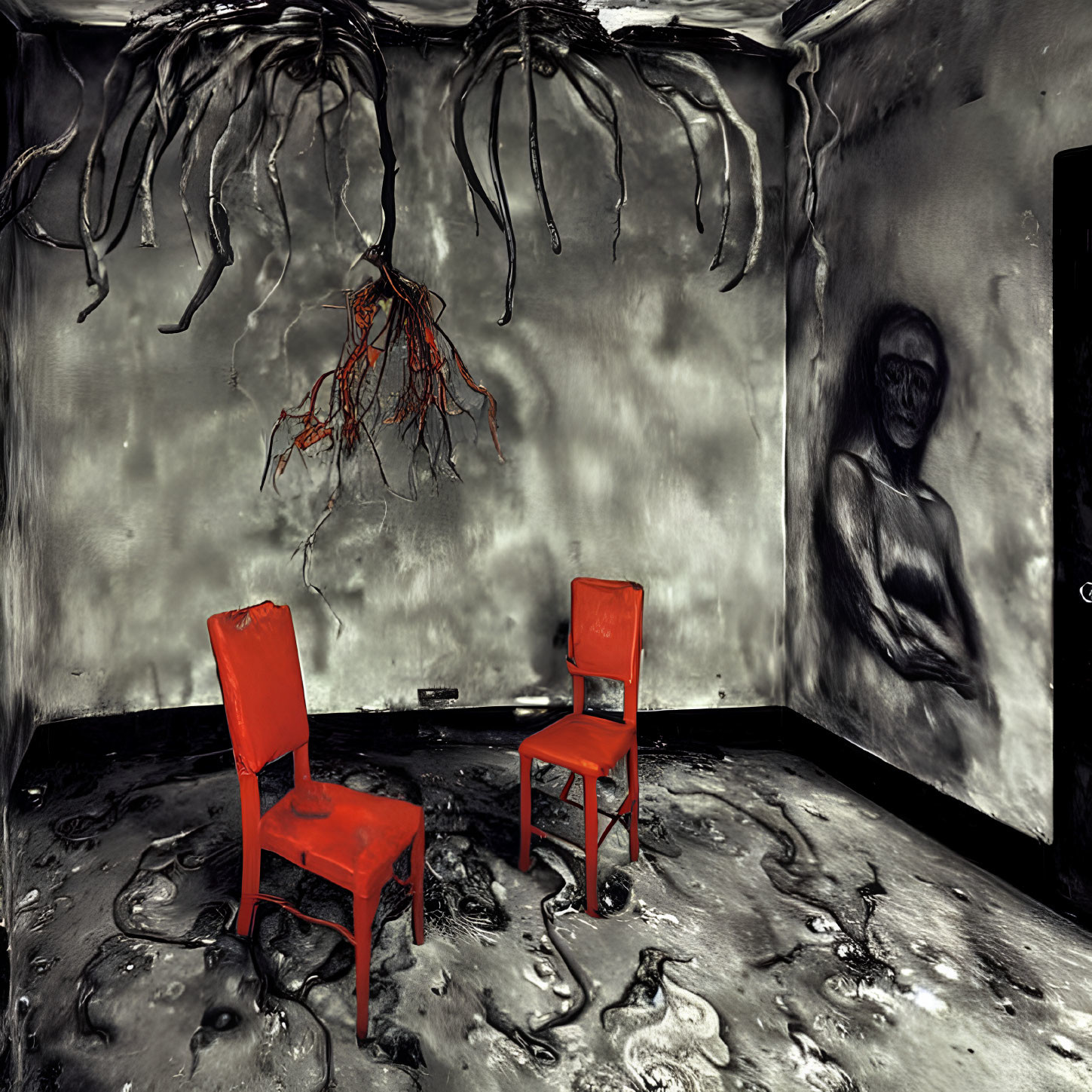 Dark Room with Red Chairs, Black Tendrils, and Creepy Sketch