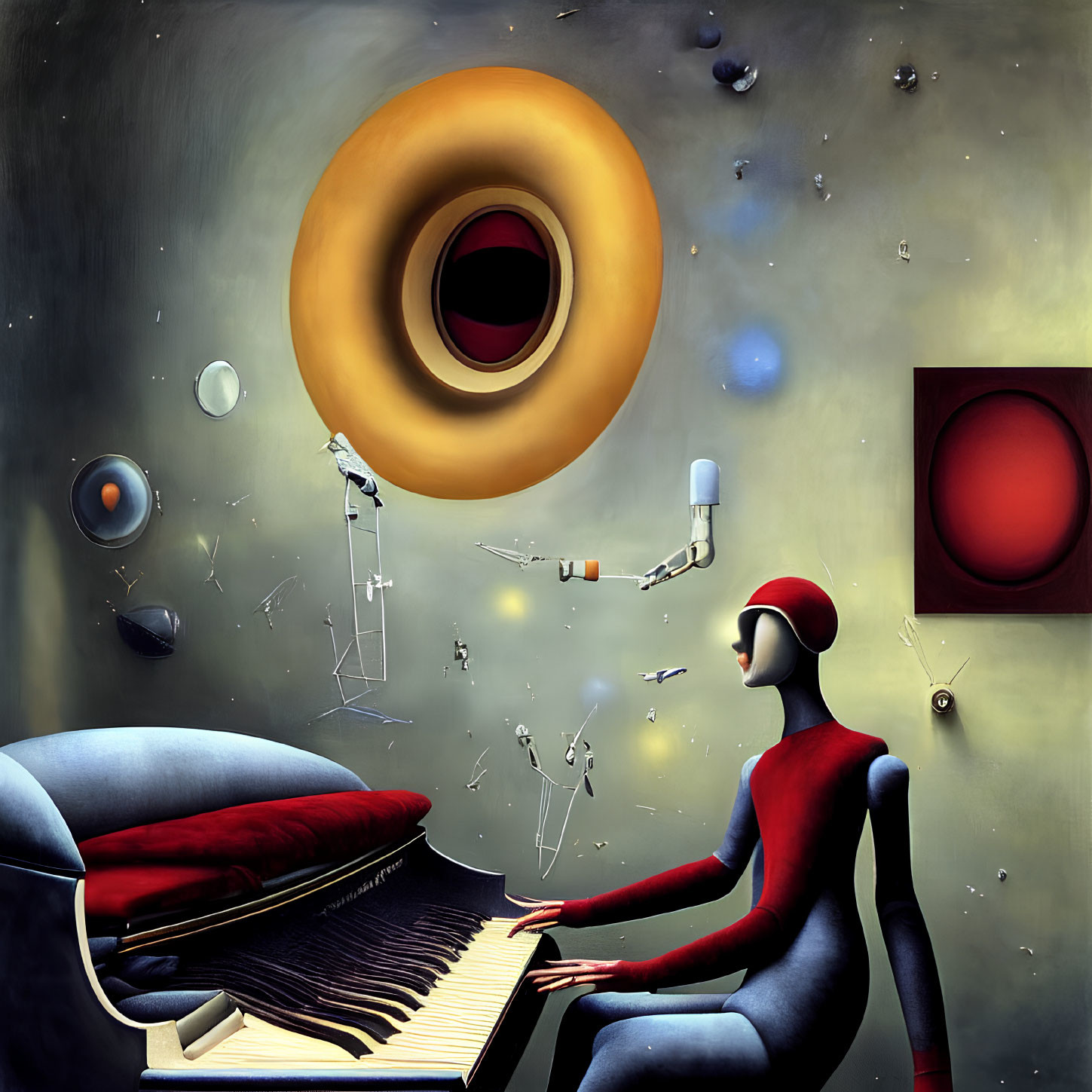 Surreal humanoid figure playing piano with floating eyes