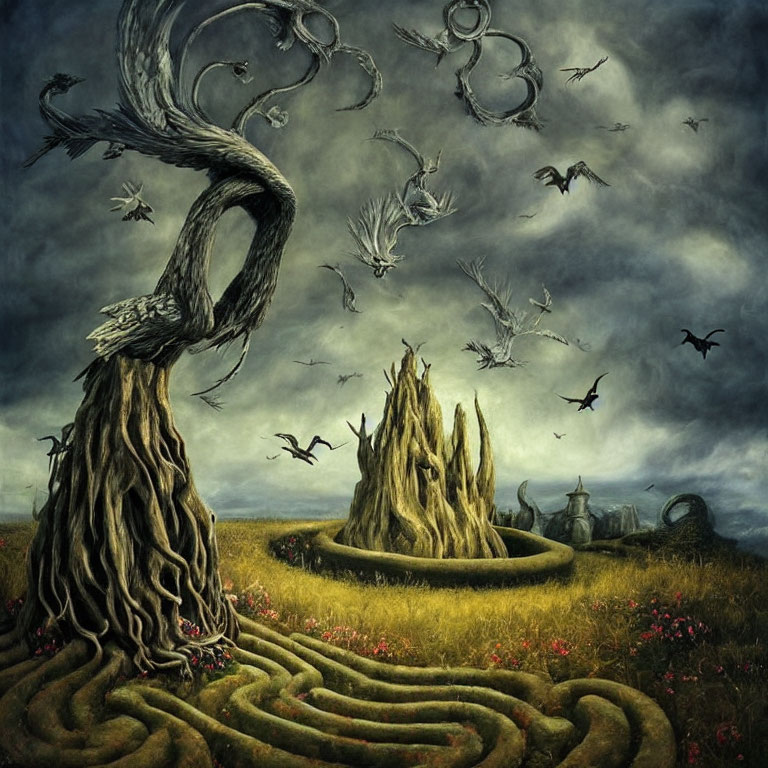 Surrealist landscape with twisted tree, labyrinth grass, birds, and cloudy skies