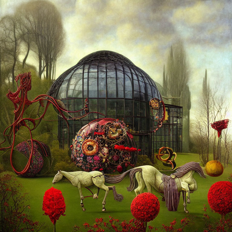 Surreal landscape featuring horses, biological carriage, glass dome, oversized flowers, and misty backdrop