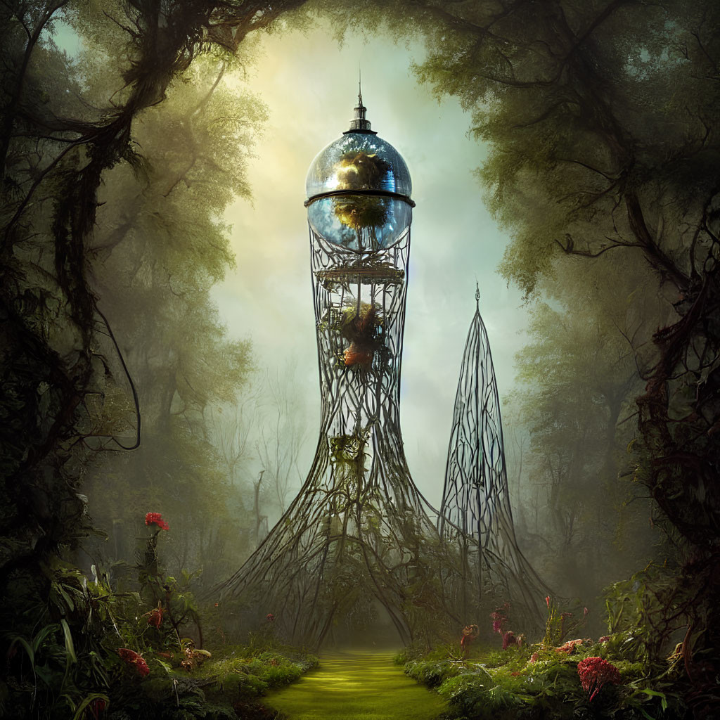 Intricate metalwork tower in misty enchanted forest