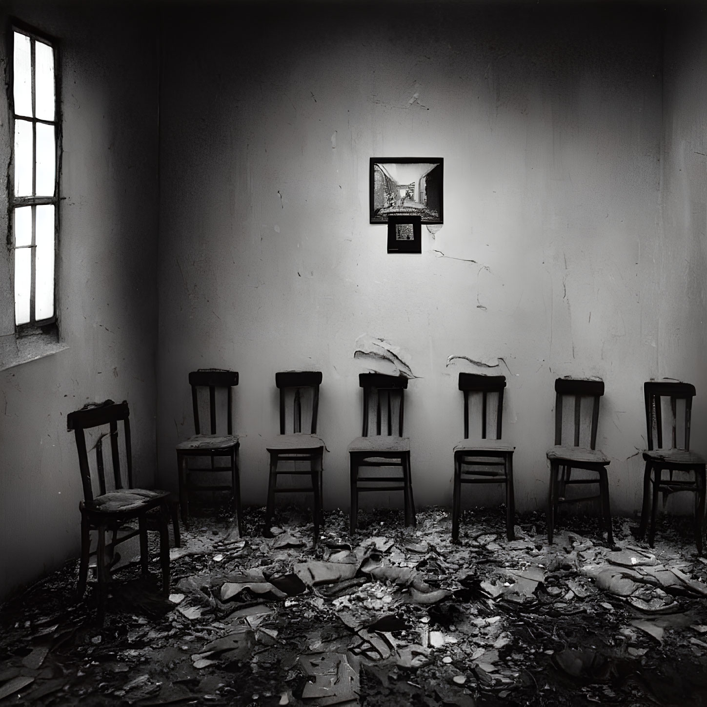 Monochrome photo of old wooden chairs in disarray
