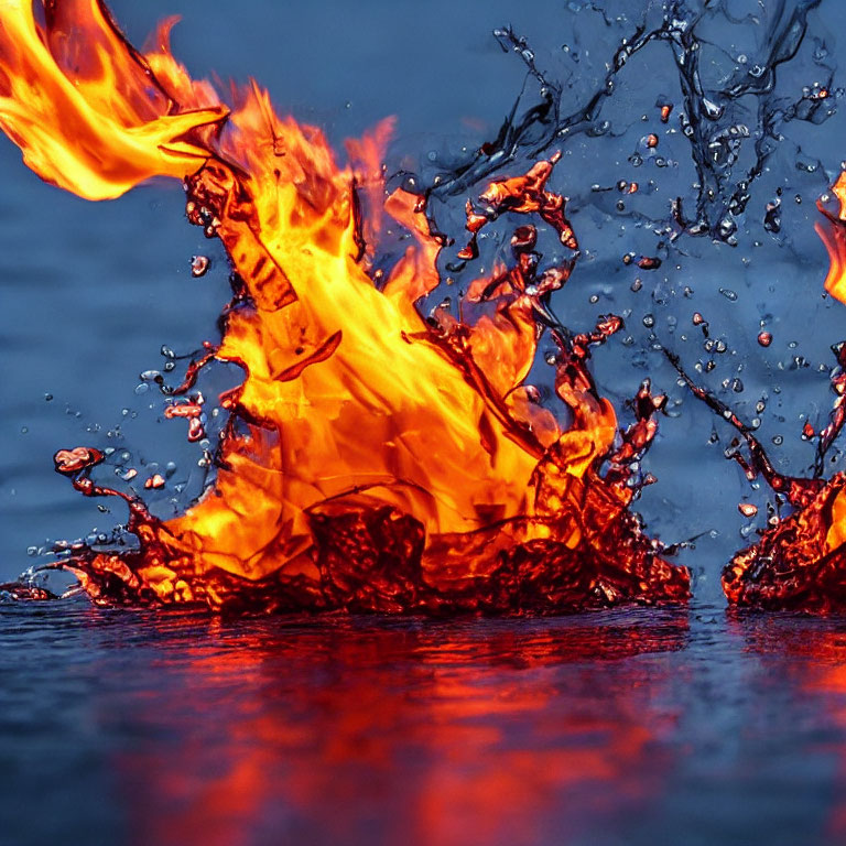 Contrast of vivid flames and splashing water on dark blue background