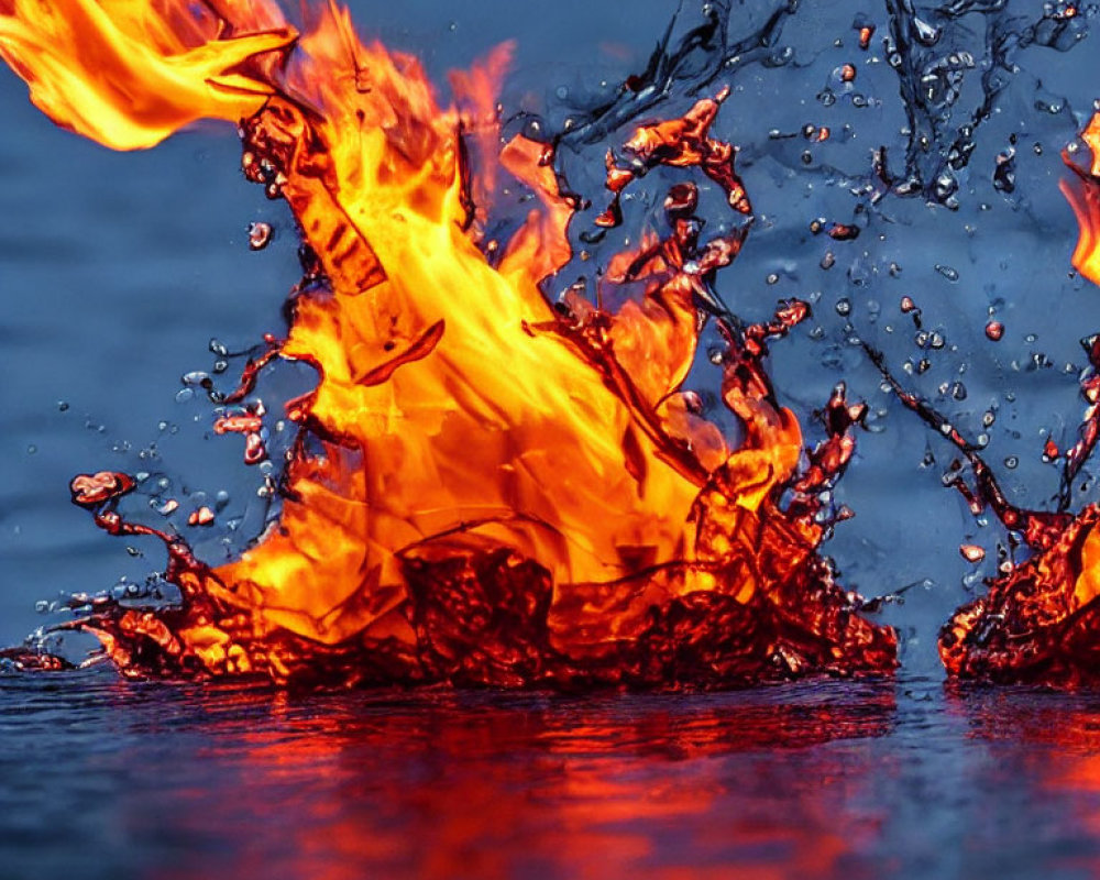 Contrast of vivid flames and splashing water on dark blue background