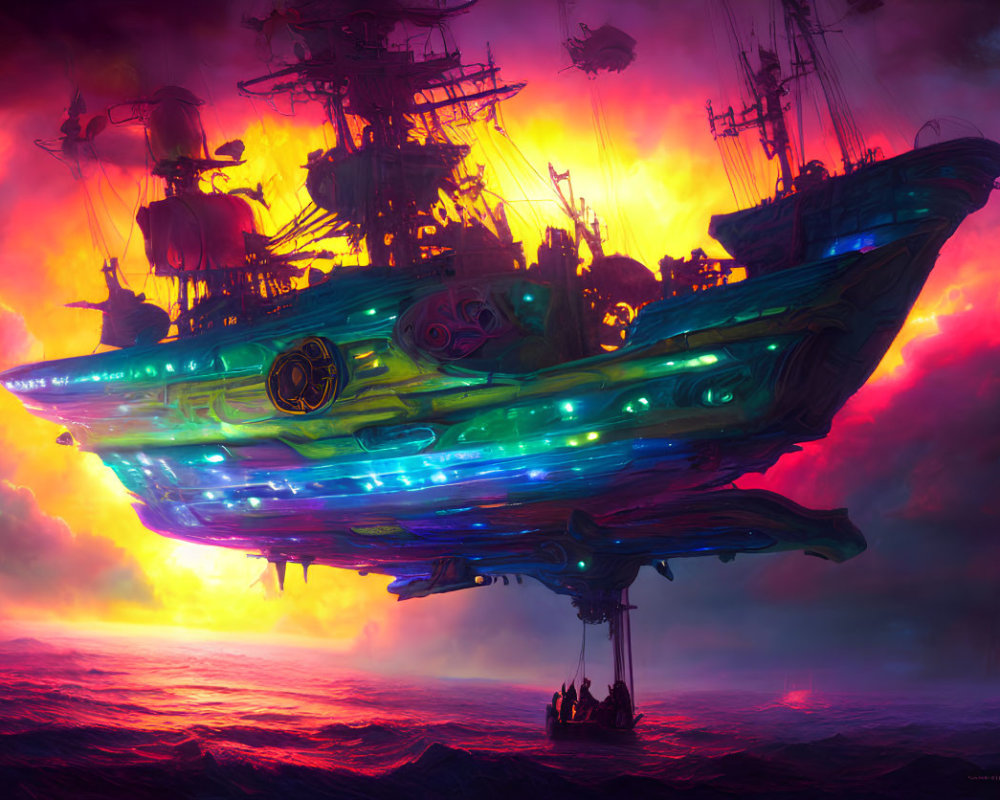 Futuristic flying pirate ship over fiery ocean in digital artwork