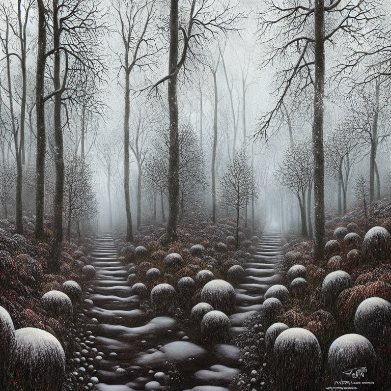 Snowy forest path with mist, rocks, and underbrush in serene winter scene